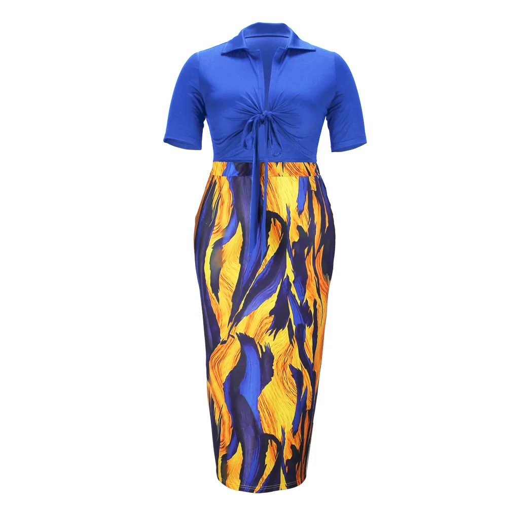 Plus Size Women Sets Bandage Blouse Shirts And Print Dresses 2022 Summer Two Piece Set Fashion Female Bodycon Wholesale Clothes