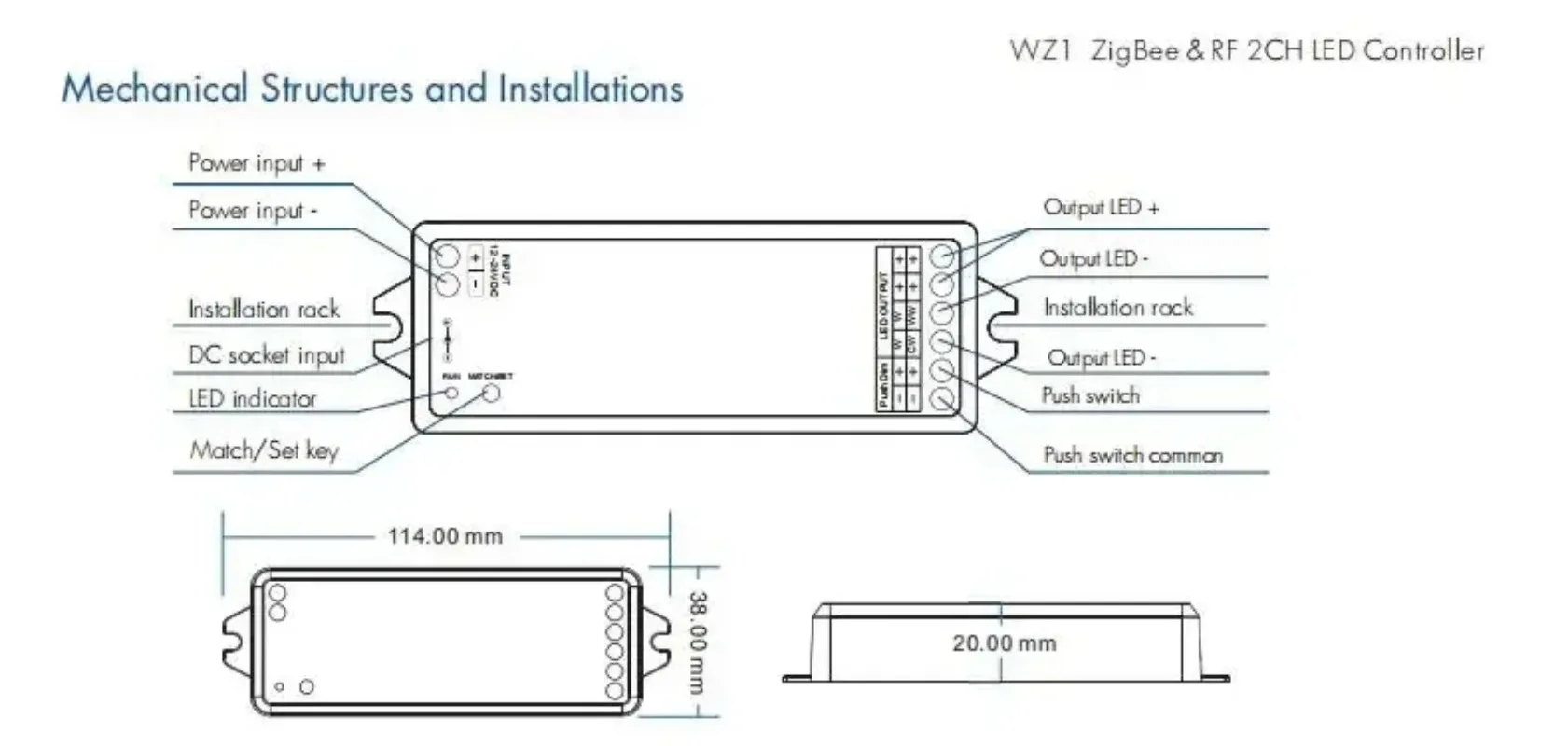 ZigBee3.0 и RF 2-канальный светодиодный контроллер WZ1 DC12-36V Tuya APP Cloud Беспроводной пульт дистанционного управления 2 канала для одноцветной светодиодной ленты CCT (art.: 3920cfed669da) - 3920cfed669da