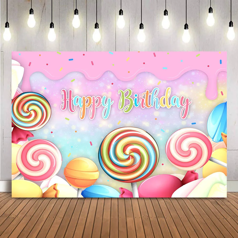 

Lollipop Happy Birthday Backdrop Sweet Candy House Photo Background Newborn Children Glitter Bokeh Party Decoration Supplies