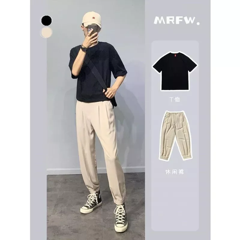 

Лето 2022, костюм для мужчин, новинка, простая одежда для бега, унисекс, мешковатые костюмы, повседневные брюки + хлопковая футболка, костюм из ...