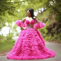 hot pink quinceanera dress for sweet 15 year ball gown tiered with half sleeve long tulle sexy prom party dress for women
