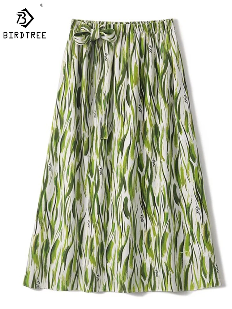 

Birdtree Heave Crepe 23MM 100%Mulberry Silk Skirt Strappy Elastic Waist Green Print OL Style Commute Midi Dress New B39266QD