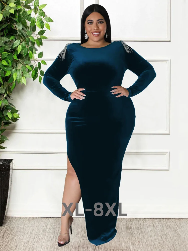 Plus Size Women Party Dresses Velvet Hollow Out Sexy Tassel Shoulder Elegant Evening Maxi Dress Wholes 3xl 4xl 5xl 6xl