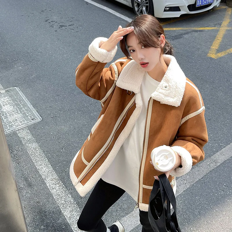 Lamb hair women's short stand collar coat winter loose cashmere thickened motorcycle suit