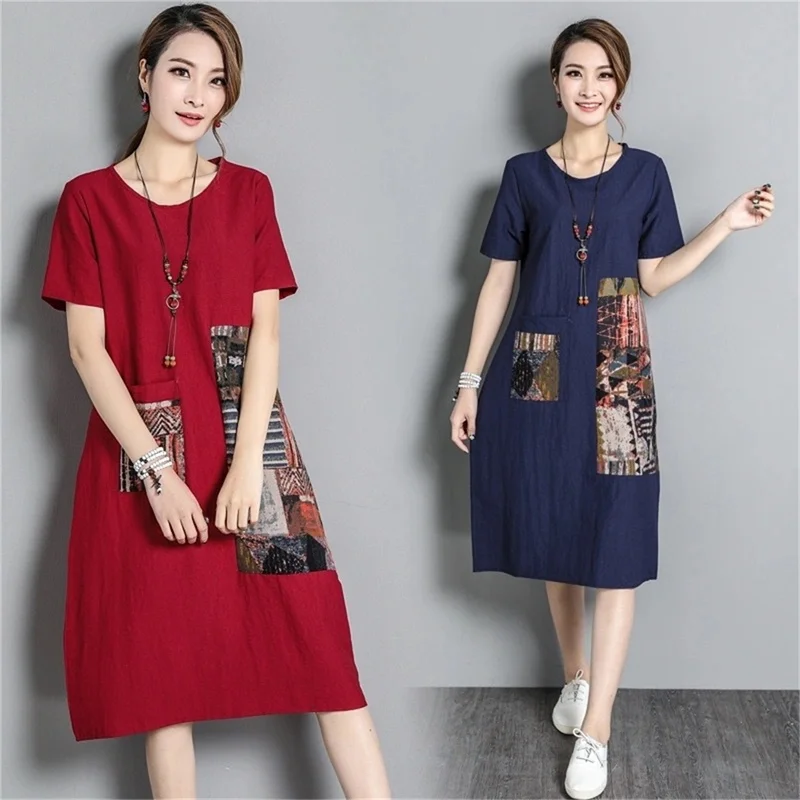 

Women Vintage Cotton Linen Print Stitching Dress Summer Short Sleeve Casual Loose Midi Dress A-line Skirt Dress Robe de mode