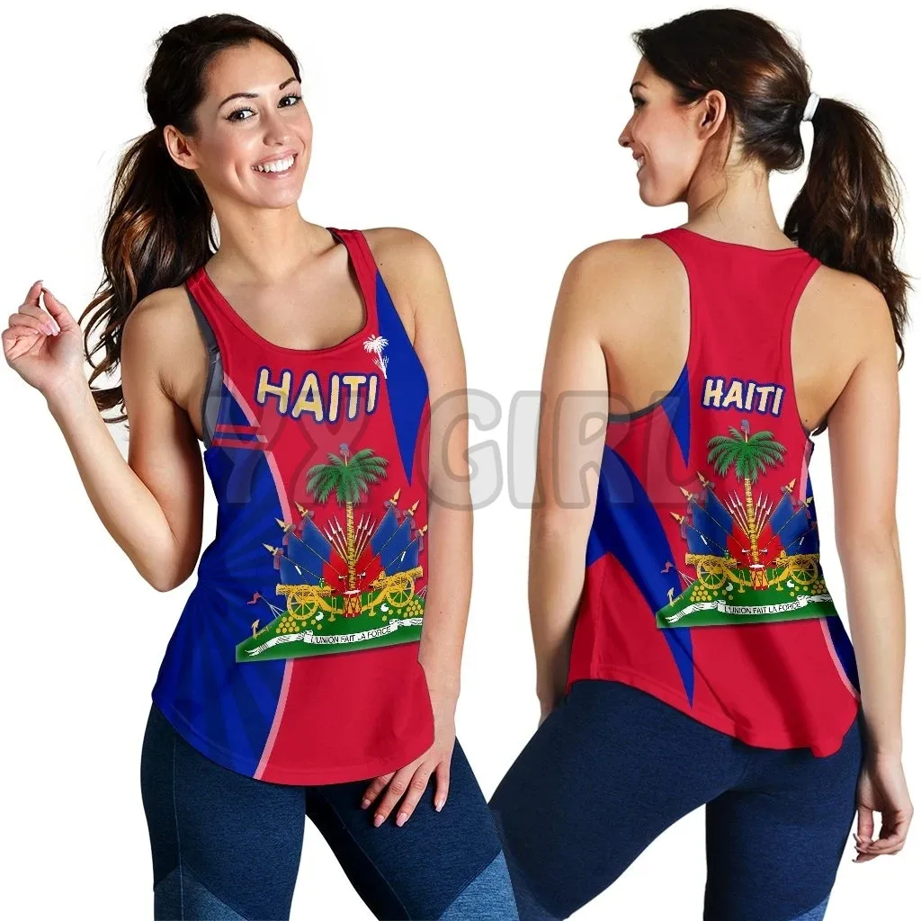 YX GIRL Coat of Arms Haiti Women Racerback Tank  3D Printed Sexy Backless Tops Summer Women Casual Tees Cosplay Clothes