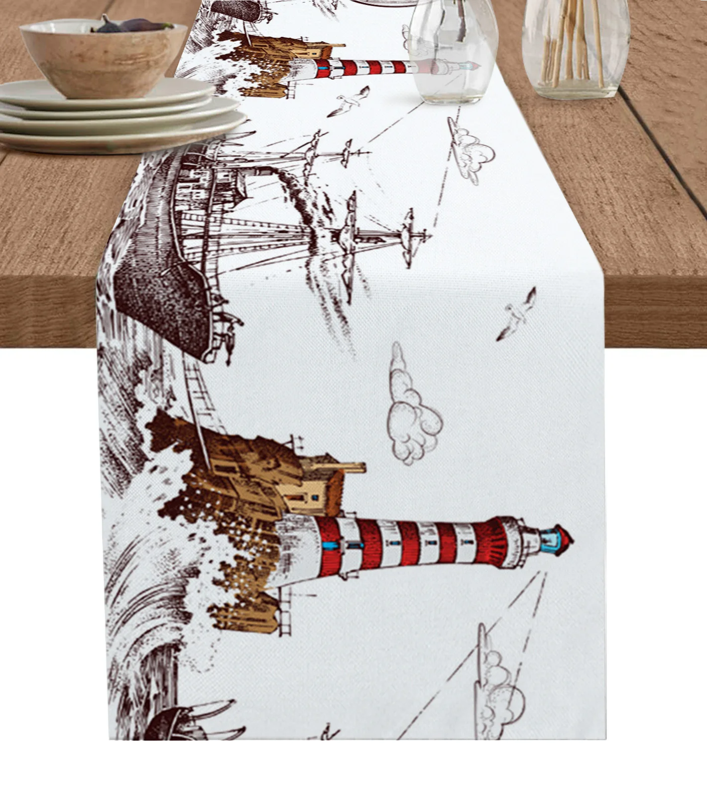 

Retro Illustration Lighthouse Sailing Ship Table Runner Wedding Decor Table Cover Holiday Party Coffee Table Decor Table Cloth
