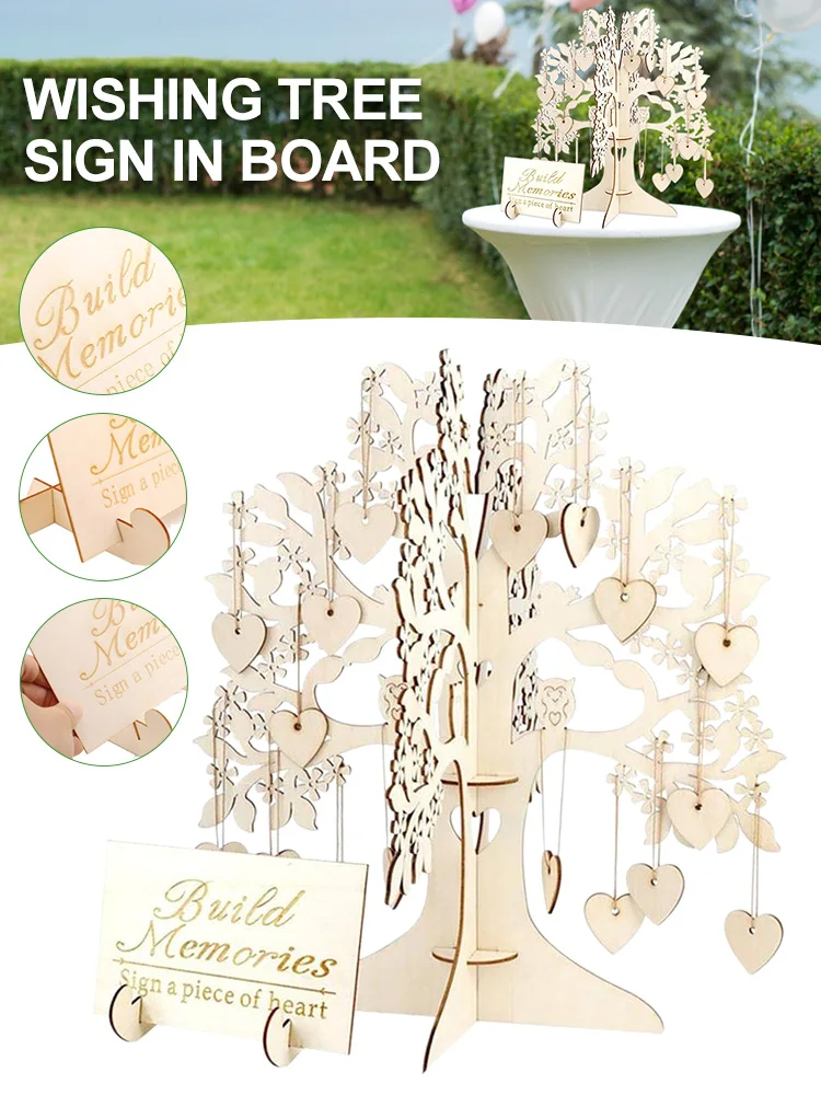 

Creative 3D Wedding Guest Book Wishing Tree Wooden Heart Pendant Unique Hearts Guest Book for Wedding Home Art Decor