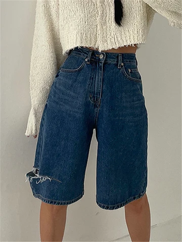 REALEFT Vintage Hollow Out Denim Half Pants 2023 New Summer Pockets High Waist Casual Female Straight Jeans Trousers Shorts Lady