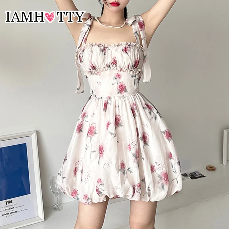 

IAMHOTTY Coquette Sweet Floral Print A-line Ball Gown Mini Dress Korean Style Holiday Sleeveless Dresses Y2K Aesthetic Robe 2023