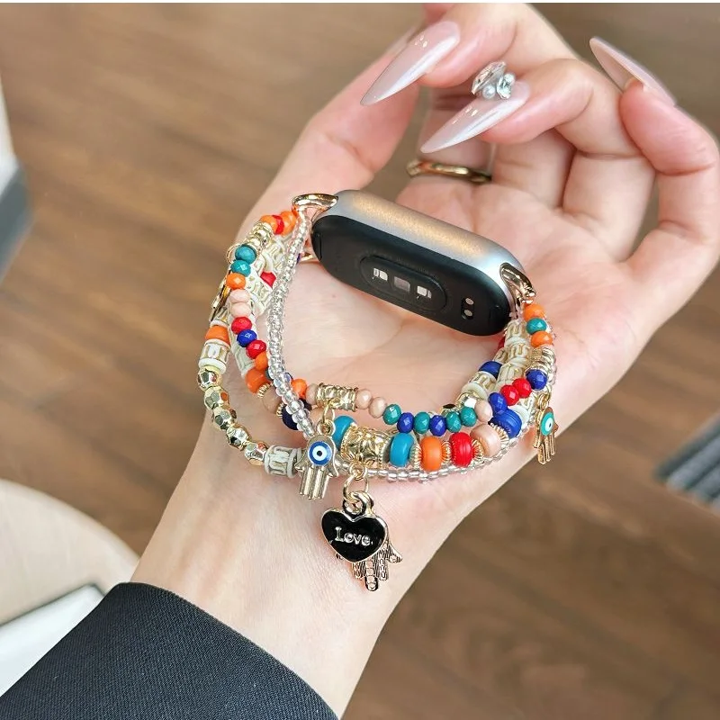 Фото Браслет из бисера для умных часов Xiaomi Mi Band 9, сменный ремешок, женский браслет ручной работы, эластичный эластичный браслет Correa для Mi Band 8 №3