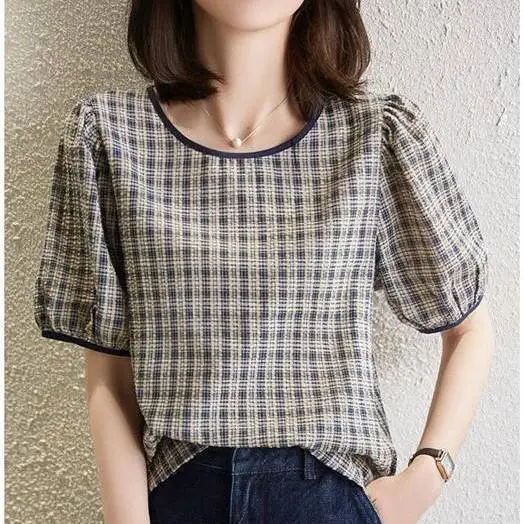 2022 new short-sleeved T-shirt women's loose  lace round neck  plaid shirt top trendy  blouse for women  Polyester  Short