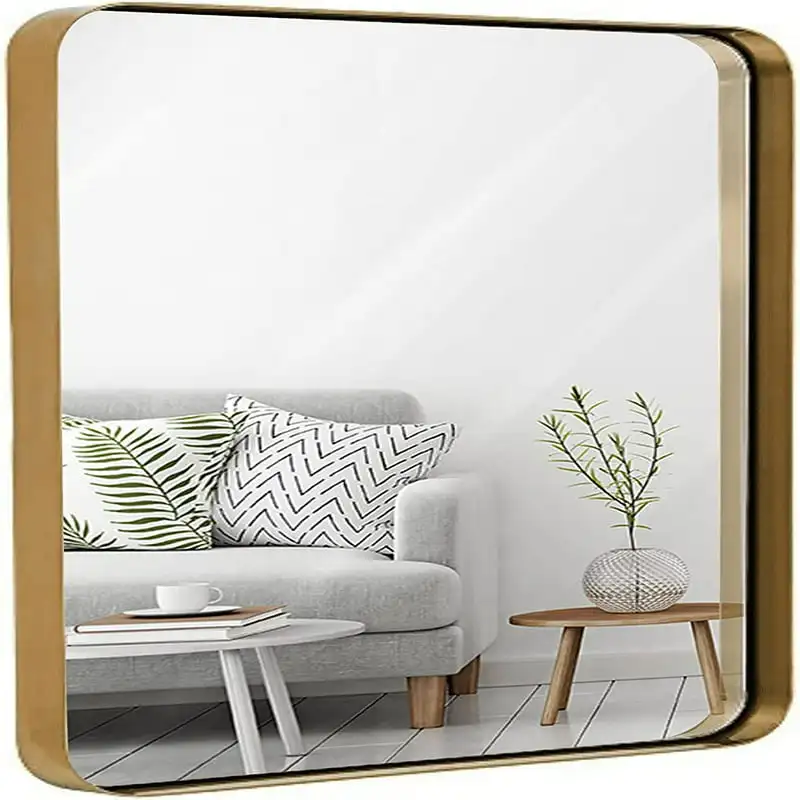 

Brushed Metal Wall Mirror | Glass Panel Gold Framed Rounded Corner Deep Set Design | Mirrored Rectangle Hangs Horizontal or Vert