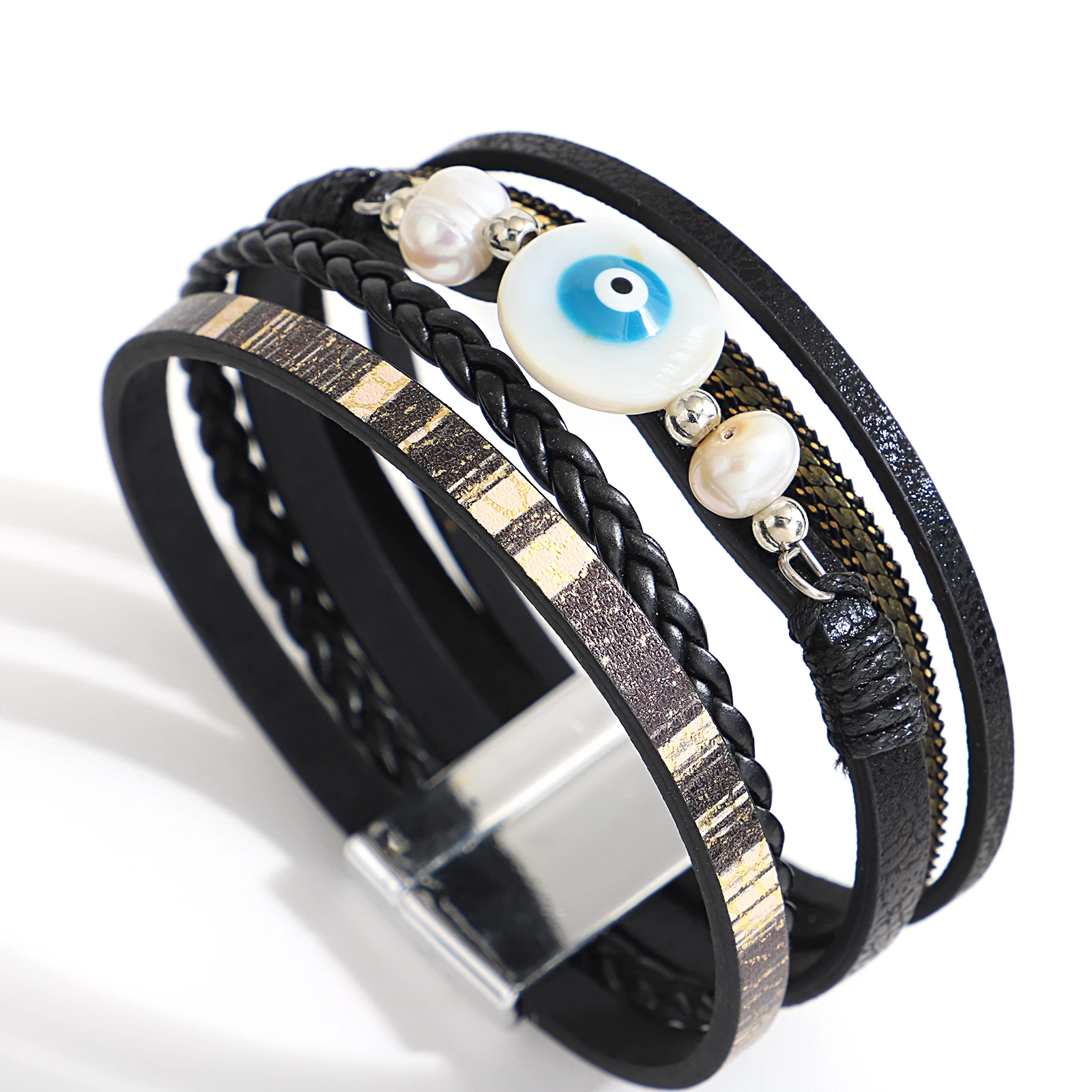 

Amorcome Bohemian Blue Evil Eye Charm Bracelets for Women Multilayer Braided Stripes Leather Wrap Bracelet Femme Jewelry Bijoux