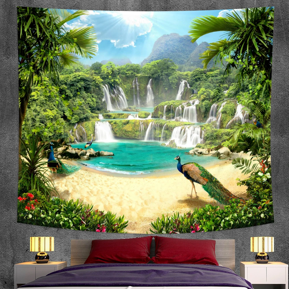 

Tropical Jungle Peacocks Waterfall Natural Landscape Tapestry Palm Trees Forest Hippie Tapestries Living Room Wall Hanging Decor