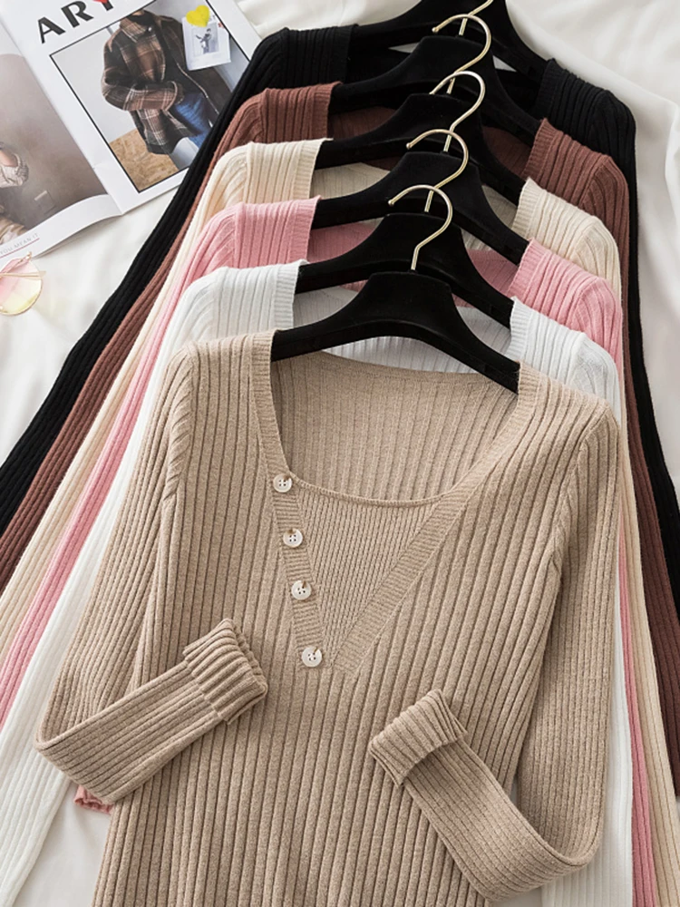 

Korean Fashion Skew Button Square Collar Women Sweater Autumn Winter Soft Pullover Warm Women Knitwear Sweater Solid Jumper Tops