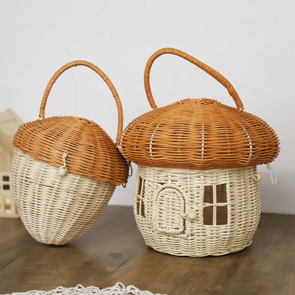 

Handmade Rattan Mushroom Basket Handbag Woven Baby Toys Storage Organizer Decor