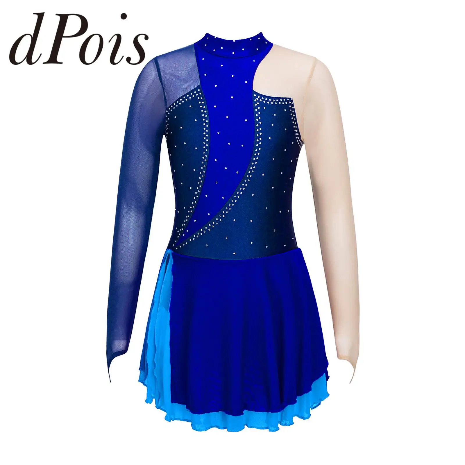 

Kids Girls Rhinestone Figure Skating Dress Gymnastics Leotard Long Sleeves Roller Skating Dress Ballroom Ballet Dance Costume