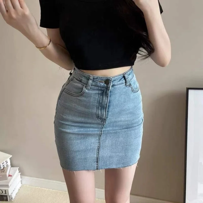 

Женская джинсовая юбка с завышенной талией, винтажная облегающая мини-юбка в Корейском стиле, модная пикантная трапециевидная юбка с запахом, лето 2022