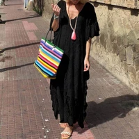 popular women dress 2022 elegant lace flare sleeve summer loose fitting see through lace beach long dress for daily wear
