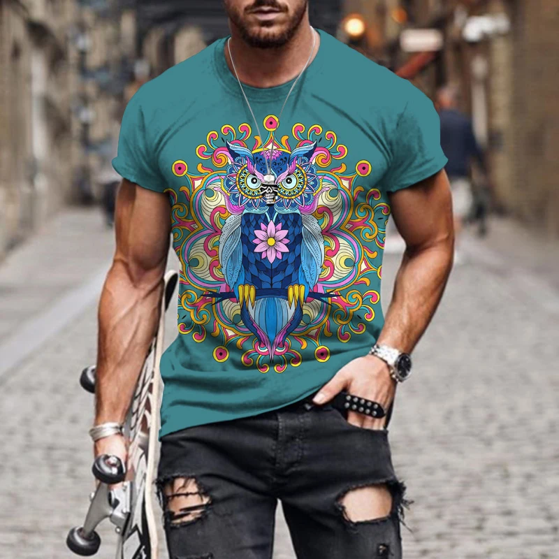 

Summer Owl Print T-Shirt Casual O-Neck Tops & Tees Men's Fashion Short Sleeve Brand Clothing Streetwear Male