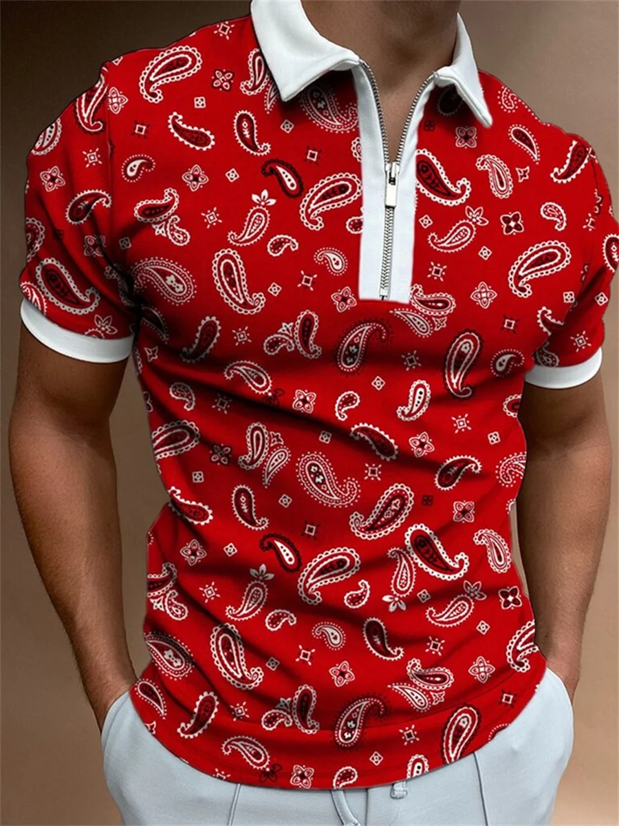 

2022 Summer New High Quality Men's High Street Print Contrast Color Casual Short Sleeve Men's Lapel Zip Polo Shirts for Men