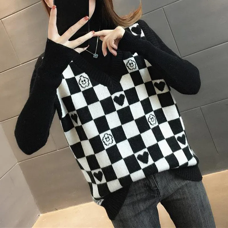 

Autumn New Women Vintage Fashion Streetwear Harajuku Checkerboard Plaid Cute Knitted Sweater Vest Sleeveless Pullover Top Female
