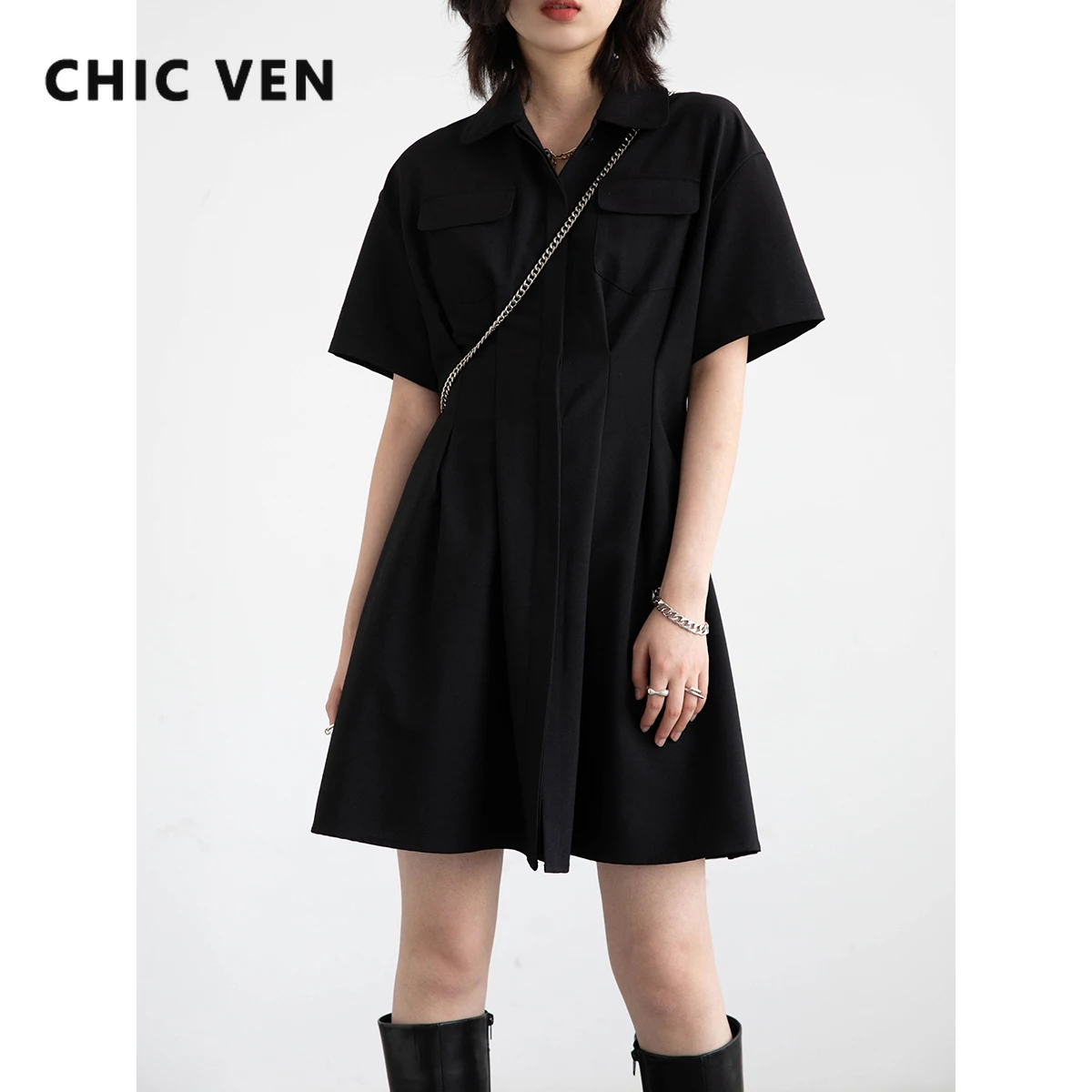 CHIC VEN Women's Dresses Black Solid Short Sleeve A-LINE Casual Lapel Shirt Dress for Women Cloth Office Lady Spring Summer 2022