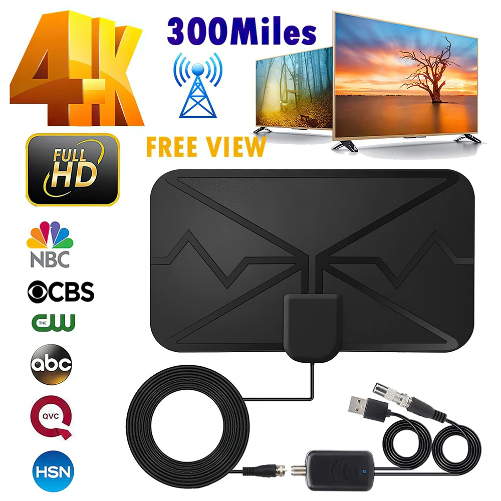 Цифровая ТВ-антенна 300 миль, фотоусилитель HD VHF UHF, ресивер сигнала 4K 1080P HDTV-Антенна для DVB-T