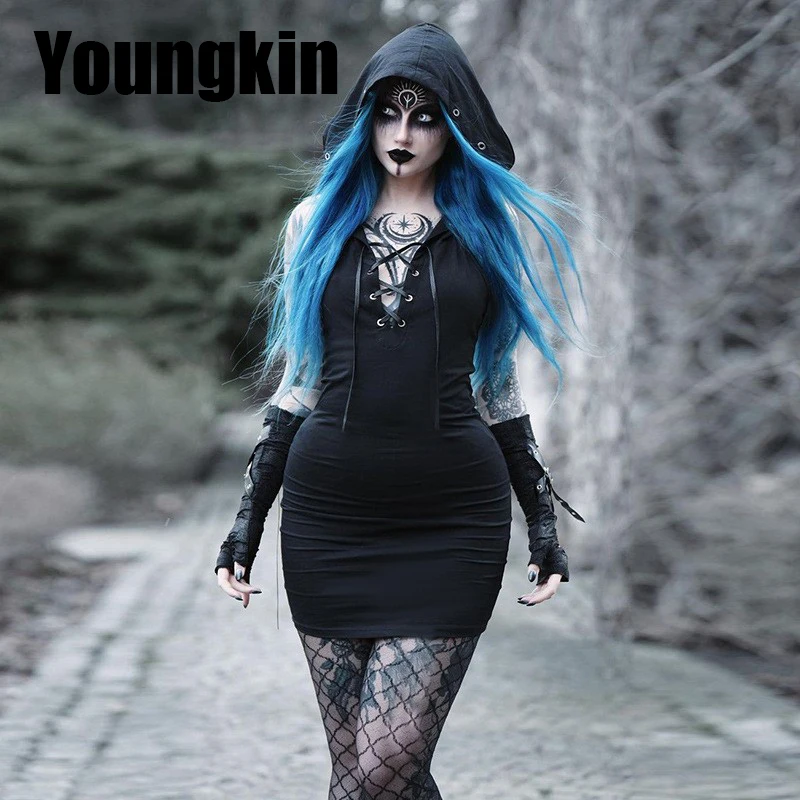 

Youngkin Gothic Hoodie Dress Backless Sexy Sleeveless Bodycon High Street Drawstring Women Summer Casual Party Club Mini Dresses