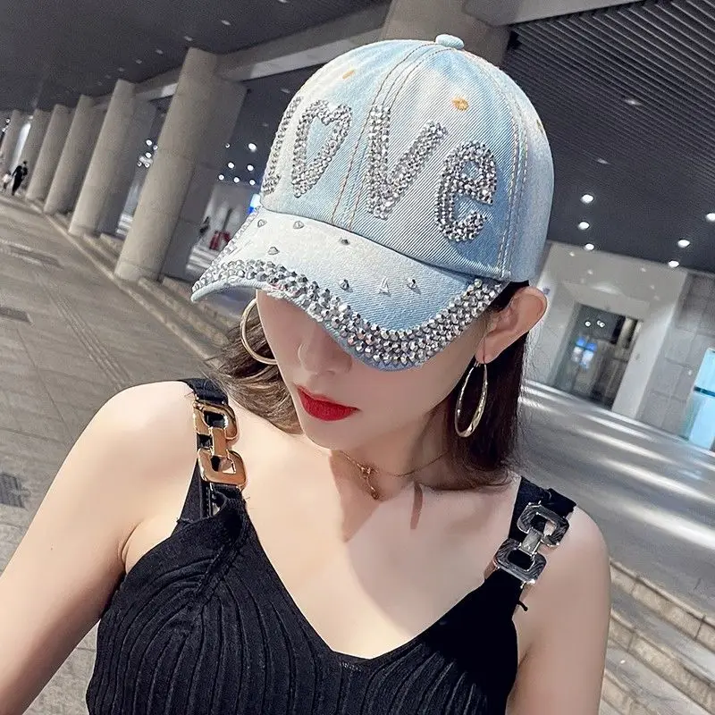 

Heavy Duty Baseball Cap Shiny Luxury Denim Letter Men Women Hat Rhinestone Couple Korean Spring Summer Cap 2022 New