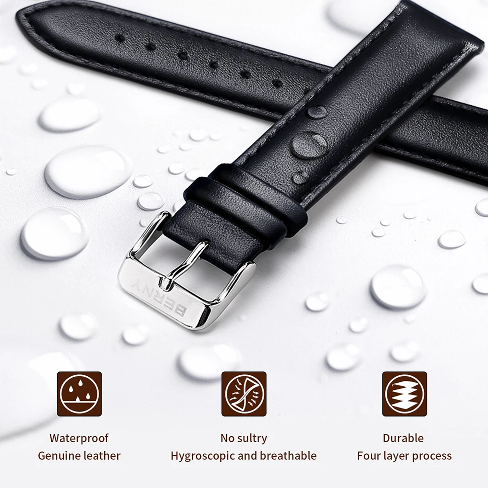BERNY 100% Genuine Leather Watchbands 14/16/18/20/22mm Pin Grain Watch Strap Hygrosscopic and Breathable High Quality Watchbands