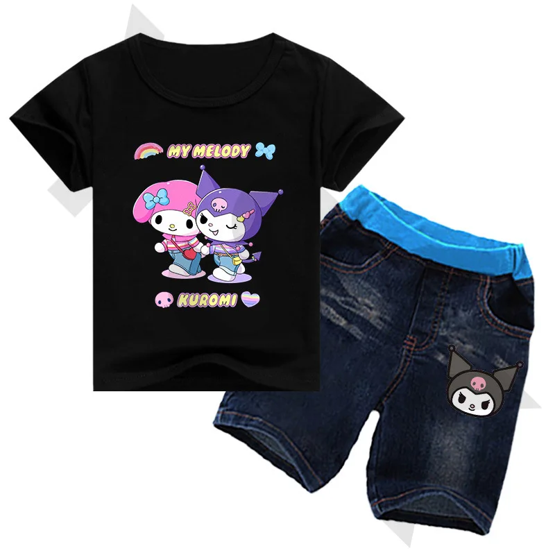 

Children's Clothing Trendy Cartoon Kuromi Cinnamon Dog Pattern Men's and Women's Round Neck Short-sleeved T-shirt + Denim Shorts