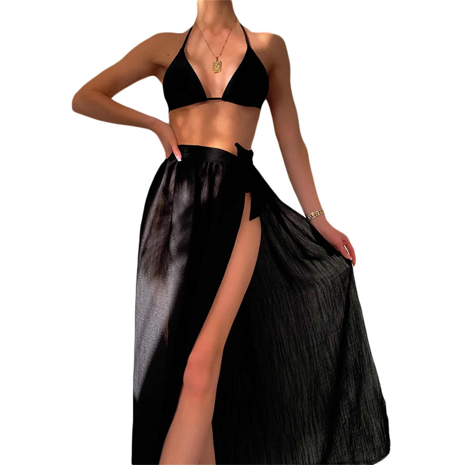 

Женский комплект бикини, летний сексуальный бюстгальтер с подвесным воротником + Черные стринги + юбка с высокой талией и разрезом, костюм из 3 предметов