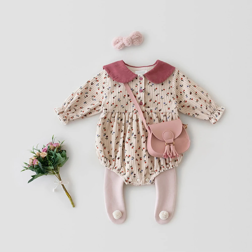 Baby Long Sleeve Body  Spring Autumn Soft Corduroy Floral Print Romper Girl Clothing Bodysuit Jumpsuit With Pink Collar