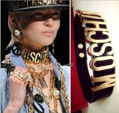 

Gold Metal Waist Chain Mosch Large Letter Necklace Colorful Transparent Bracelet Luxury Mirror Metal Punk Style Belt