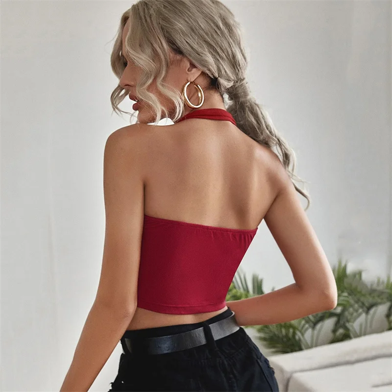

Summer Women Shirt Square Collar Crop Sexy T Shirts Slim Fit Halter Knit Vest Cropped Solid Wrap Top Ribbed Tank Tops Wholesale