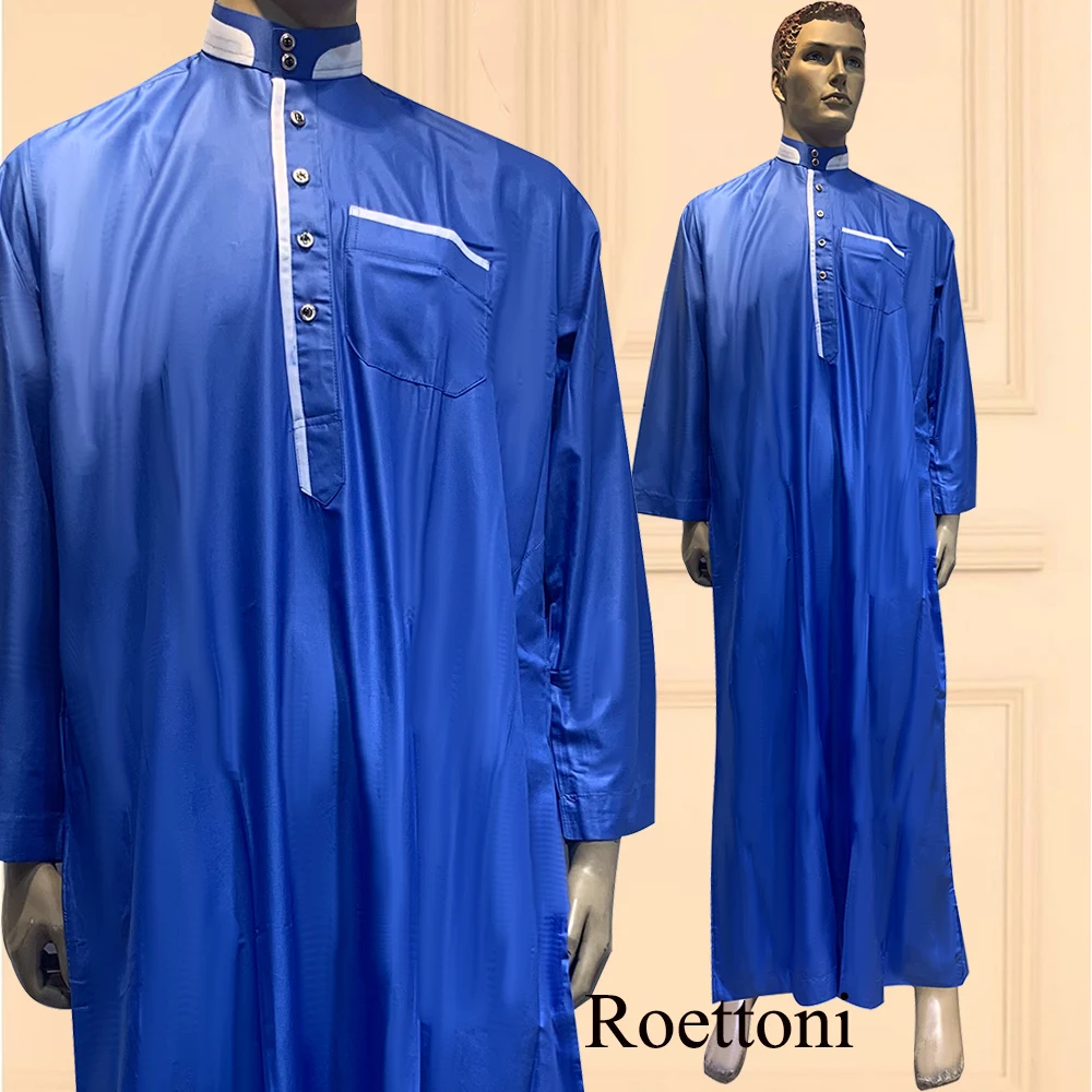 Ramadan Muslim Men's Prayer Robe Collar 1 Pieces Long Loose Kaftan  Jubba Thobe Pakistan Qatar Abaya Saudi Djellaba Arabic Cloth images - 6