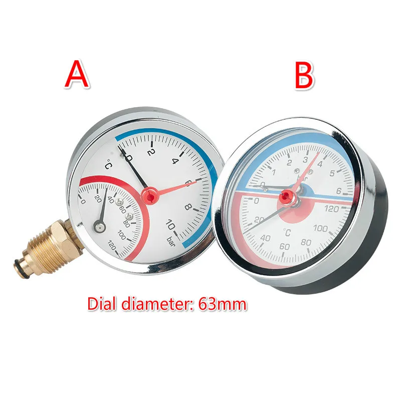 

6 bar 10 bar 16 bar Radial Axial Temperature Pressure Gauge Meter G1/4 G1/2 G1/8 Thread Thermometer Dial diameter 63mm
