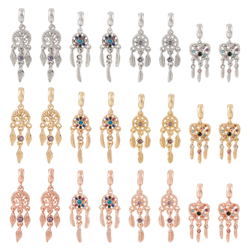 

Pandahall 24Pcs Alloy European Dangle Charms with Rhinestone Large Hole Pendants Woven Net/Web with Feather for Jewelry Making