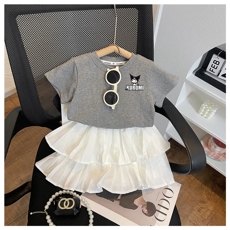 Sanrioed Cartoon Kuromi Printed Girls' Summer Sweet Short Sleeve Top Cake Pleated Skirt Kawaii Fashion T-shirt Short Skirt Set