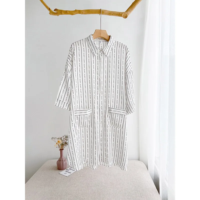 YFTNH Women Nightgown with Pocket Stripe Unicorn Printing Silk Stain Turndown Collar Soft Night Dress for Women's Sleepwear