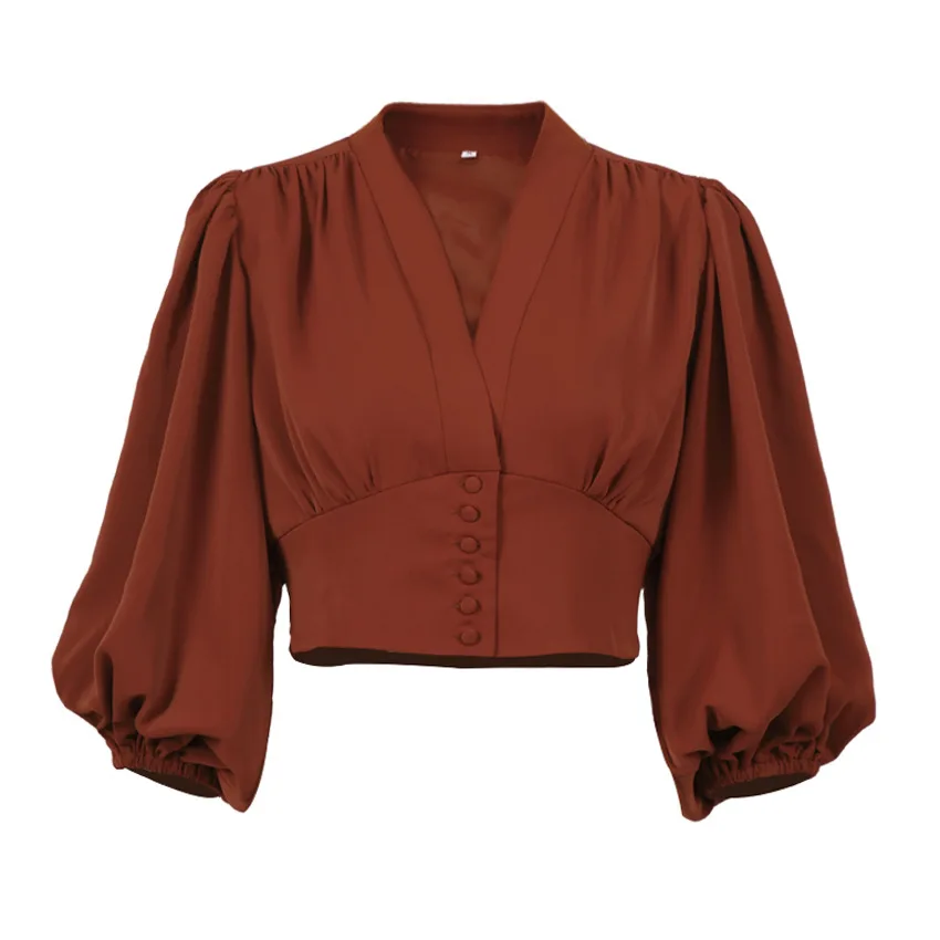 

Vintage Lantern Sleeve Womens Cropped Blouses Vintage Brick Red Tops Female Short Shirt V-Neck Slim Breasted Draped Blouse 2022
