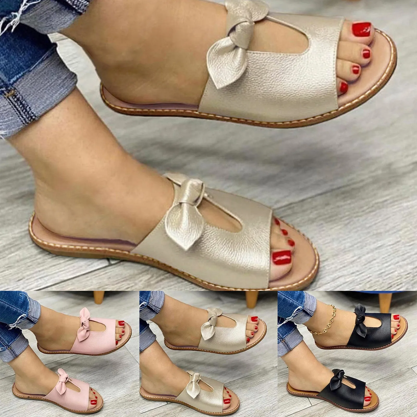 

Ladies Open Toe Breathable Flat Slippers Bow Knot Beach Hollow Out Shoes Summer Anti-Slip Roman Slipper Women Outdoor Slippers