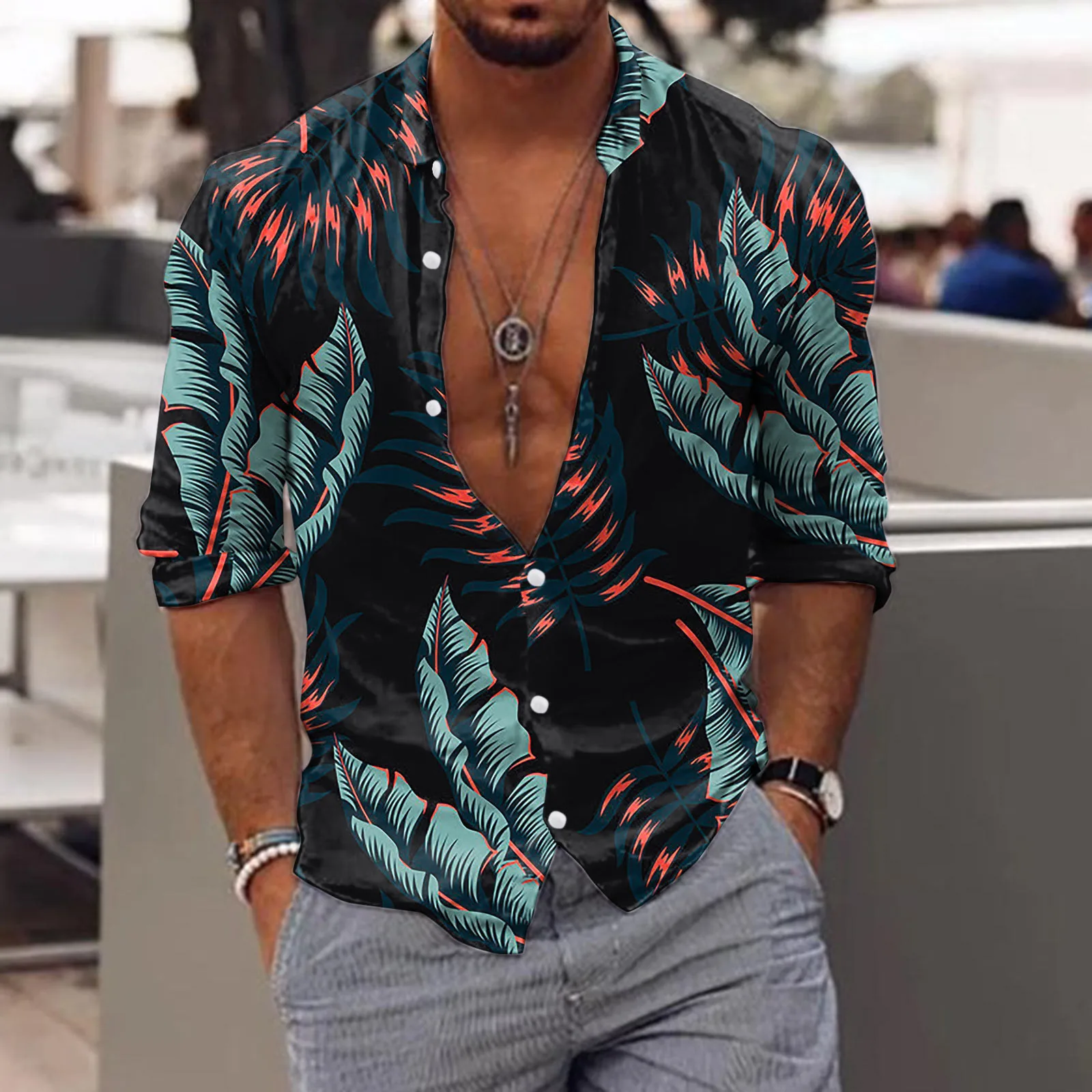 

High Neck Shirts Men Men Long Sleeve Autumn Winter Casual Printed Shirts Fashion Top Blouse Piece Pajama T Shirts Men Graphic
