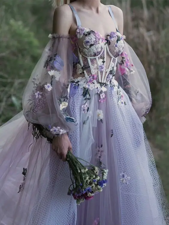 Unique Dusty Lavender Prom Dresses A Line Straps off Shouder Applique Floral Women Formal Evening Gowns Illusion Exposed Boning