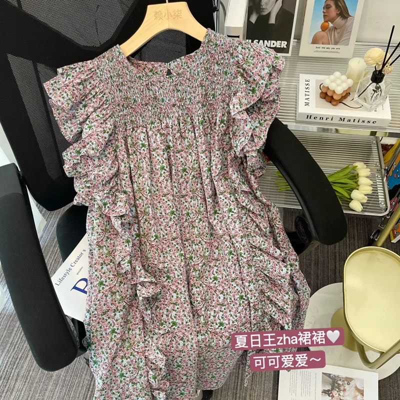 

Женское свободное мини-платье с оборками, милое нежное праздничное платье в Корейском стиле с рукавами-фонариками и цветочным принтом, лето 2022