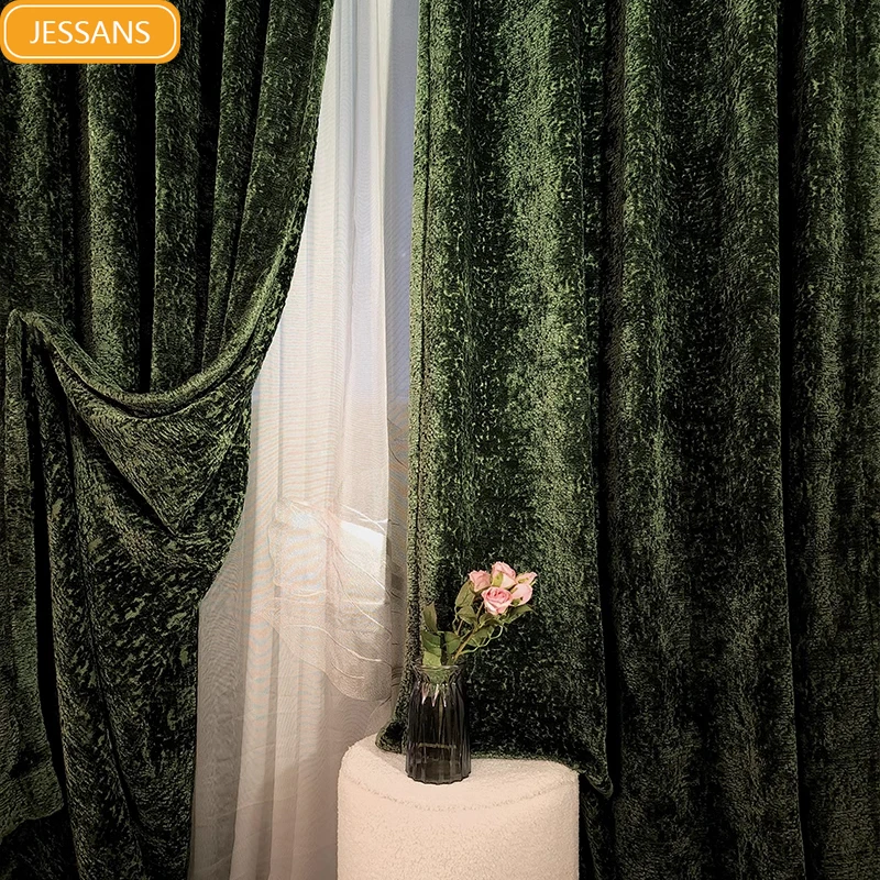 

New Luxury Dark Green Chenille Thickened Warm Windproof Curtains for Living Room Bedroom Villa French Window Customized Finished