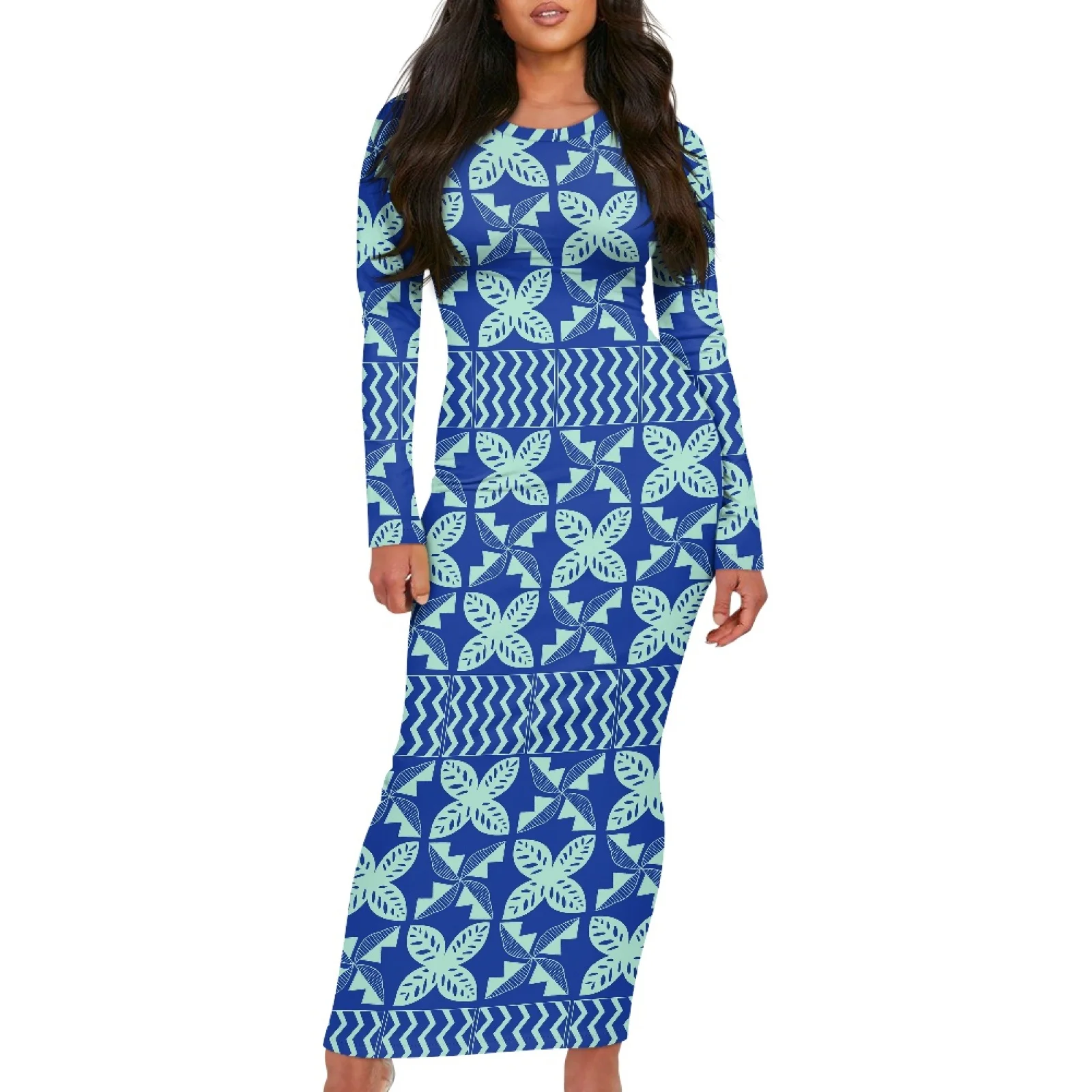 

Женское трикотажное платье с длинным рукавом, голубое платье с длинным рукавом и Принтом Татуировки Гаваи