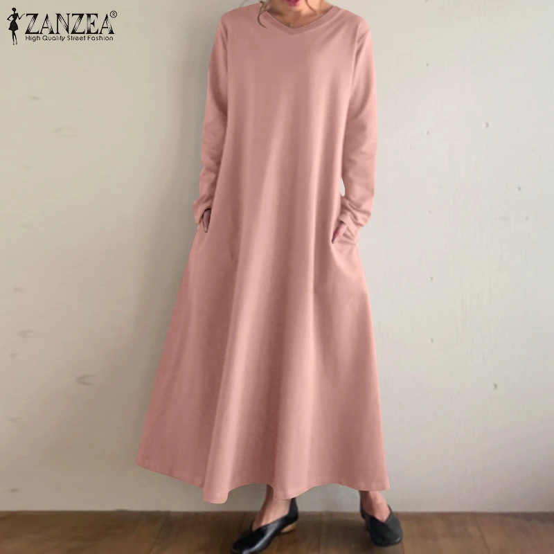 

Women Elegant Women Maxi Dresses Harajuku ZANZEA 2021 Autumn Long Sleeve A-line Vestido Sundress Lady Oversize Casual Solid Robe